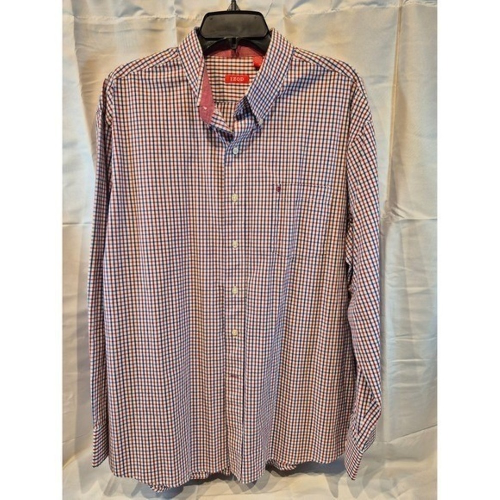 IZOD Mens Classic Fit Long Sleeve Button Down Shirt Red Blue Plaid XL‎